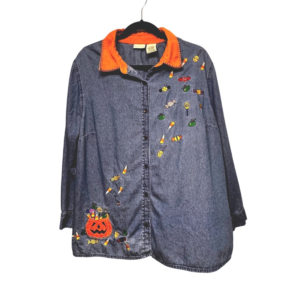 White Stag Plus Womens Halloween Embroidered Denim Shirt Orange Collar 18W/20W
